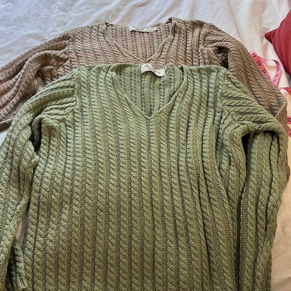 Elegant V-Neck Cable Knit Sweater Set - Olive and Taupe